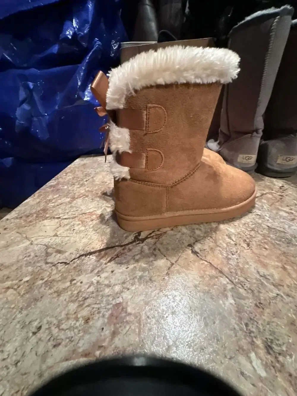 Tan Suede Faux-Fur Lined Winter Boots with Back Ribbon Detail